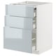 White METOD kitchen unit with grey-blue high-gloss drawers, modern design.