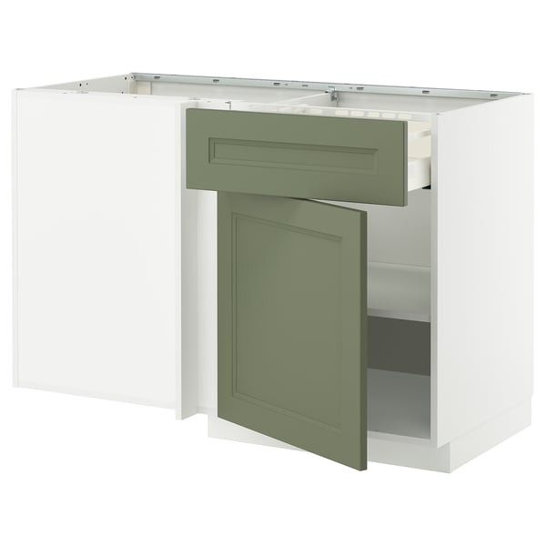 METOD / MAXIMERA Corner base cab w drawer and shelf, white/Axstad grey-green, 128x68 cm