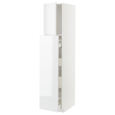 White modern kitchen cabinet, high gloss finish with multiple shelves.