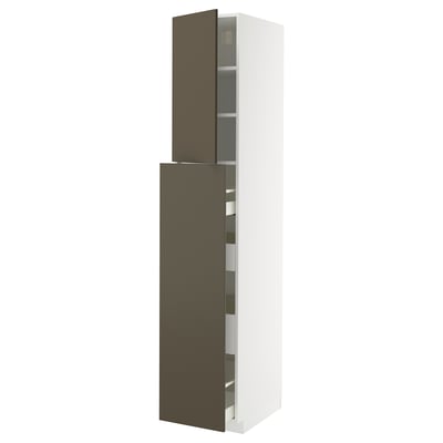 White and brown tall kitchen cabinet with multiple shelves.