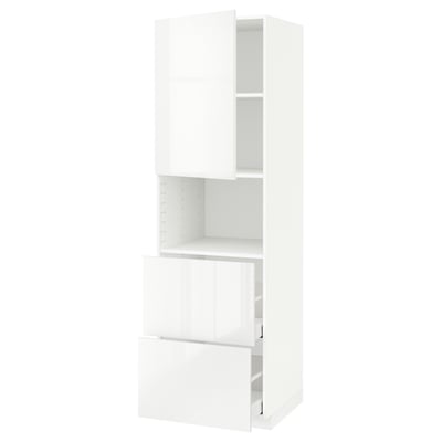 White ikea METOD kitchen cabinet with high gloss finish and open compartments.