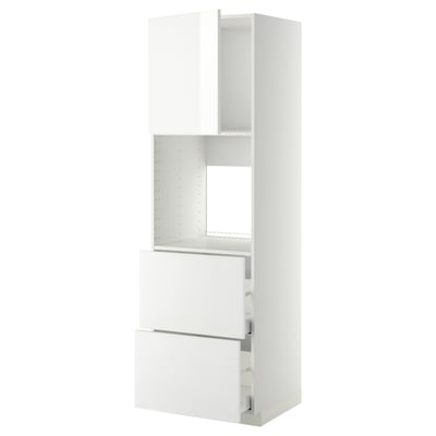 METOD white high-gloss kitchen unit with pull-out drawers and open shelf.