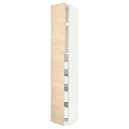 METOD tall storage cabinet with light wood doors and white body.