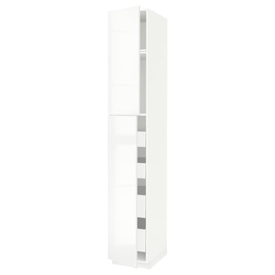 A white, tall cabinet from the METOD kitchen system. It has multiple shelves inside and a modern, high-gloss finish.