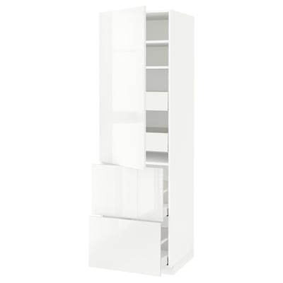 Modern white METOD kitchen cabinet with glossy finish, multiple shelves & drawers.