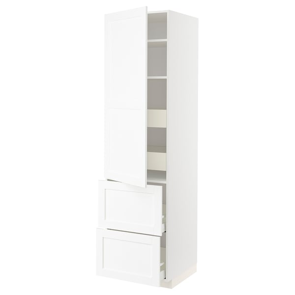 White kitchen cabinet, modern design with drawers and shelves, made from fibreboard and melamine.