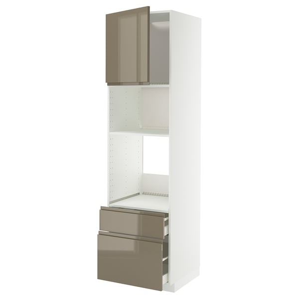 METOD / MAXIMERA High cab f oven/micro w dr/2 drwrs, white/Voxtorp high-gloss dark grey-brown, 60x60x220 cm