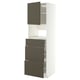 A white METOD kitchen unit with dark brown drawer fronts. It multiple shelves and drawers for storage.