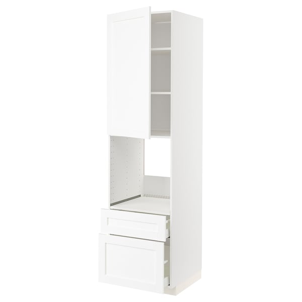 Modern white kitchen cabinet, tall, integrated fridge/oven unit, three compartments, sleek and minimalist design.