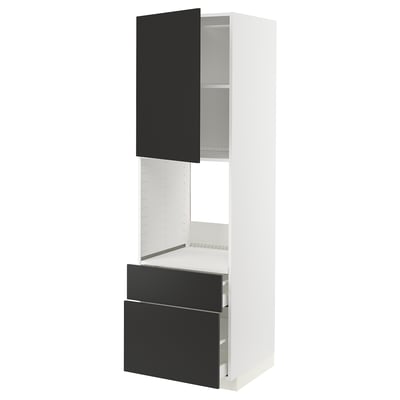 METOD kitchen unit in white with black drawers and door, slim and tall.