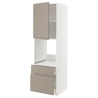 Modern kitchen cabinet in grey-beige with sleek handles, smooth drawers, and adjustable shelves.