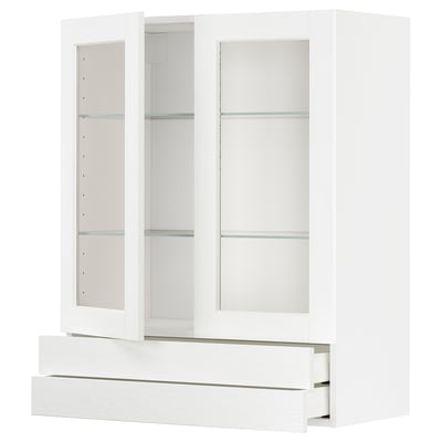 White METOD kitchen unit with glass doors and drawers, minimalist design, smooth edges.