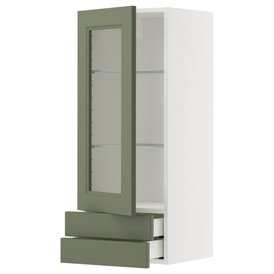 METOD / MAXIMERA Wall cabinet w glass door/2 drawers, white/Axstad grey-green, 40x100 cm