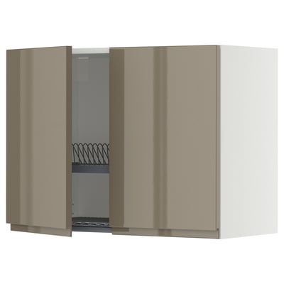 METOD kitchen wall cabinet in high gloss dark grey-brown with adjustable shelf and built-in dish drainer.