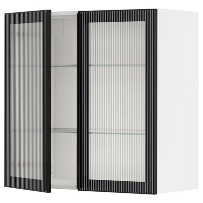 Modern black kitchen cabinet with frosted glass doors and white interior, rectangular and sleek design.