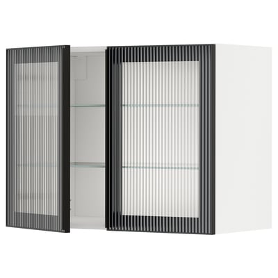 Modern black and white kitchen cabinet with fluted glass doors.
