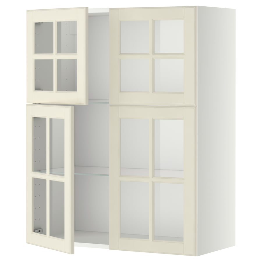 METOD wall w shelves/4 glass drs, white/Bodbyn offwhite
