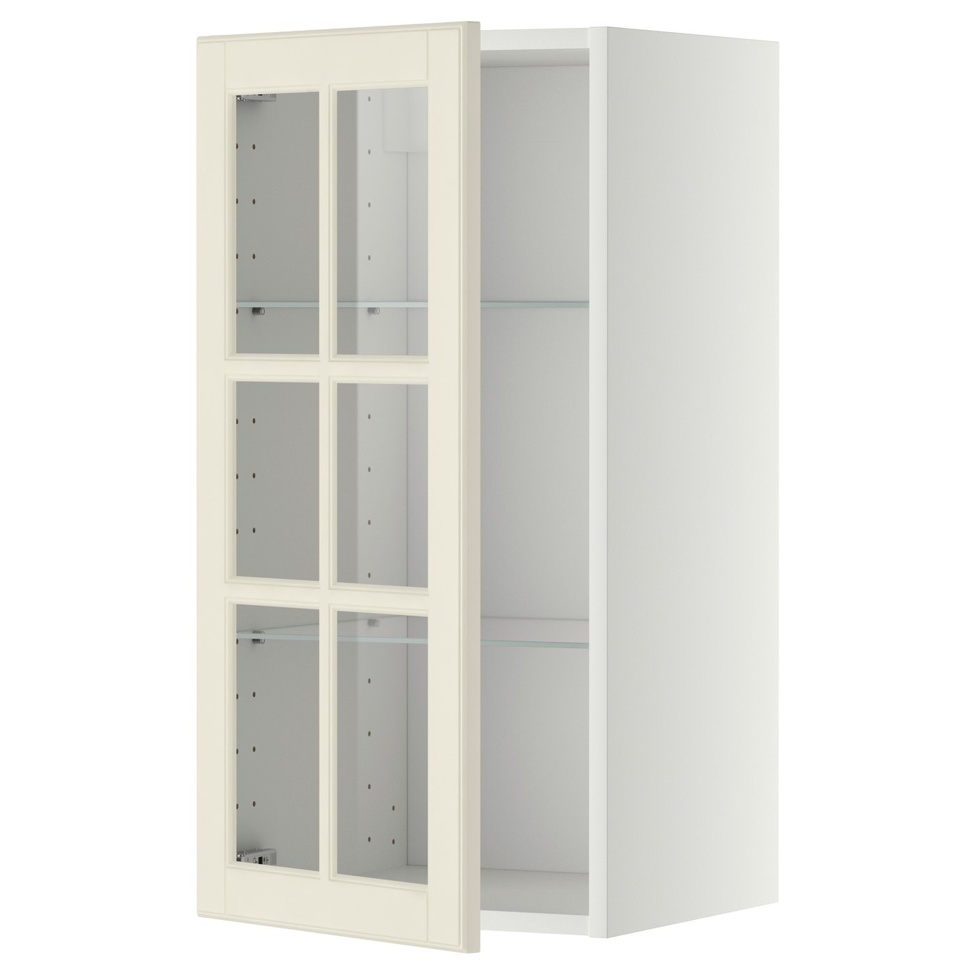 METOD wall cabinet w shelves/glass door, white/Bodbyn off-white