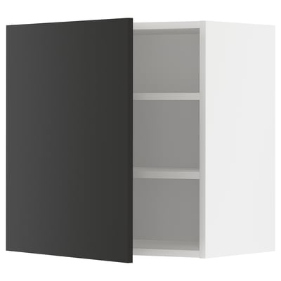 Black & white kitchen cabinet with open shelves, modern design.