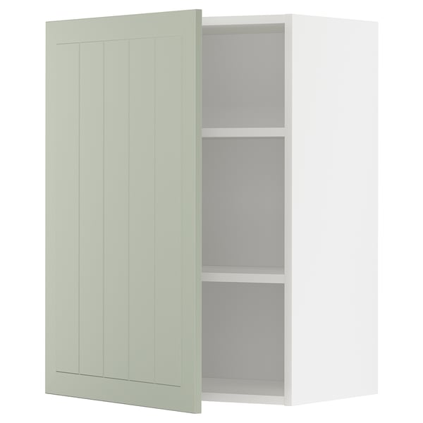 METOD wall cabinet, green, two shelves, white interior, vertical panels.