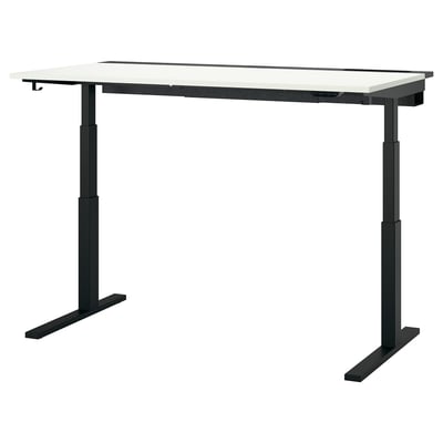 MITTZON desk: sleek black adjustable height office desk with white top, sturdy metal legs, modern design.