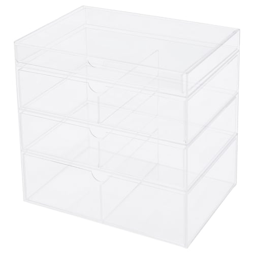 A MOJAN clear acrylic plastic storage with 4 drawers for makeup and jewellery. Square and transparent, it helps easily find items.