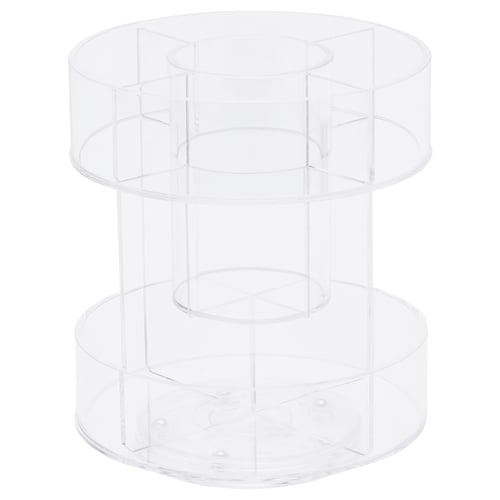 A transparent acrylic MOJAN makeup stand. It has multiple layers with compartments for organising makeup, brushes, and pens.