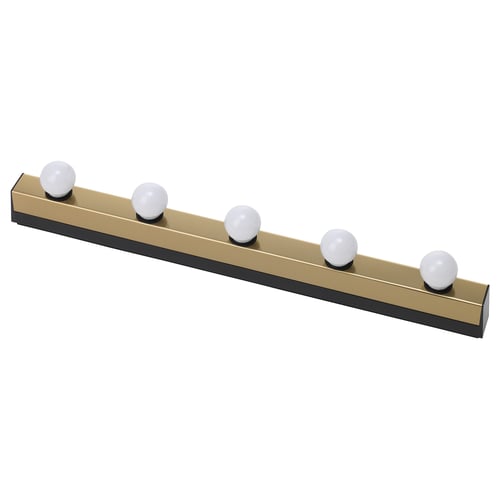 MUSIK gold wall lamp with five white circular lights, sleek, horizontal design.