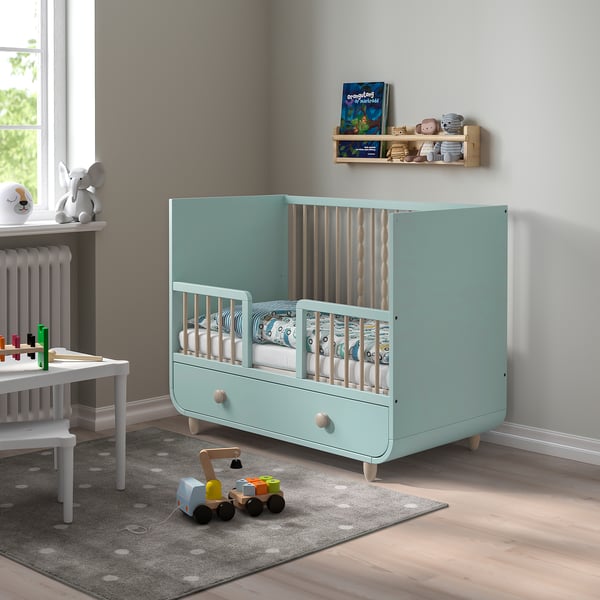 MYLLRA Cot with drawer, light turquoise, 60x120 cm