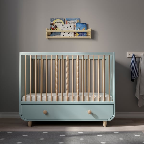 MYLLRA Cot with drawer, light turquoise, 60x120 cm