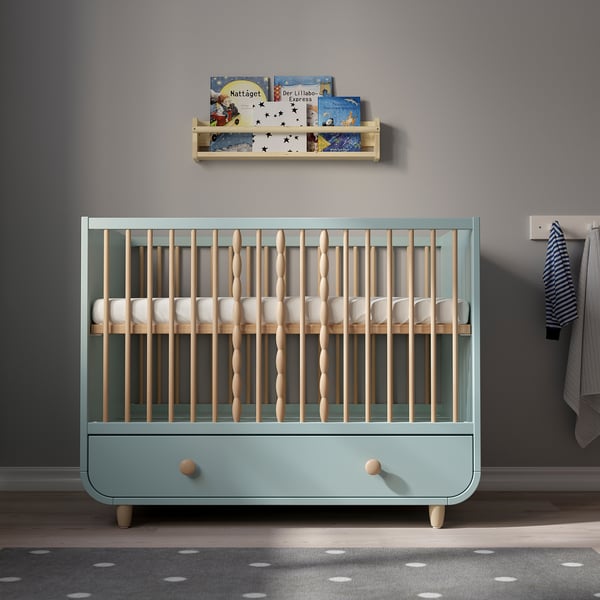 MYLLRA Cot with drawer, light turquoise, 60x120 cm