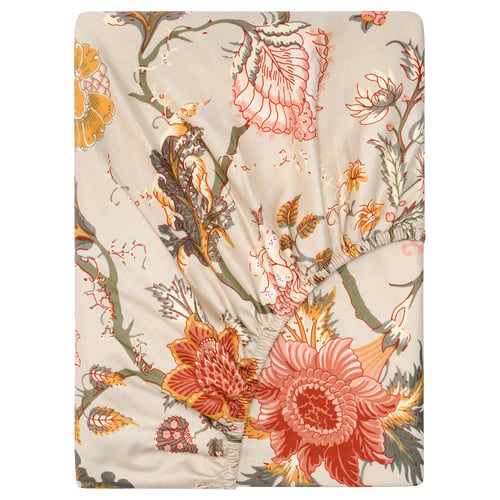 NÄSSELKLOCKA bedspread, beige with floral print, soft cotton-viscose blend. Rectangle with ruffled edges.