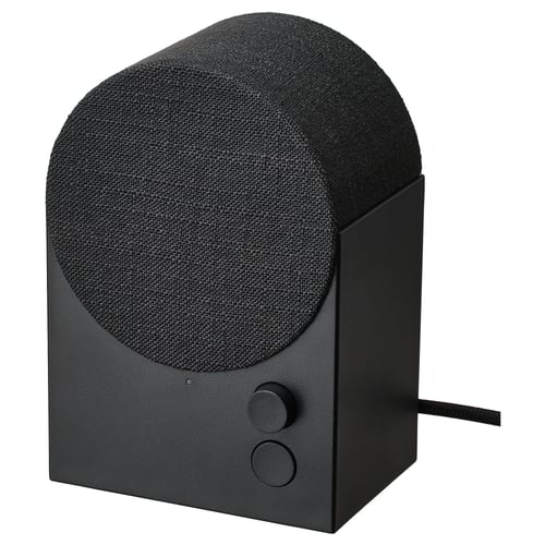 NATTBAD black speaker, cylindrical with fabric cover, touch controls.