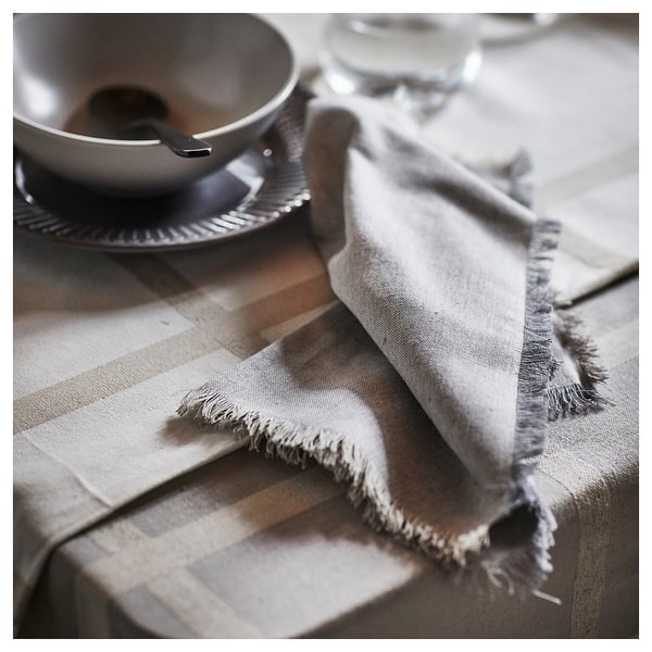 NISSÖGA tablecloth, grey, cotton-jute blend, rectangular, plaid pattern.