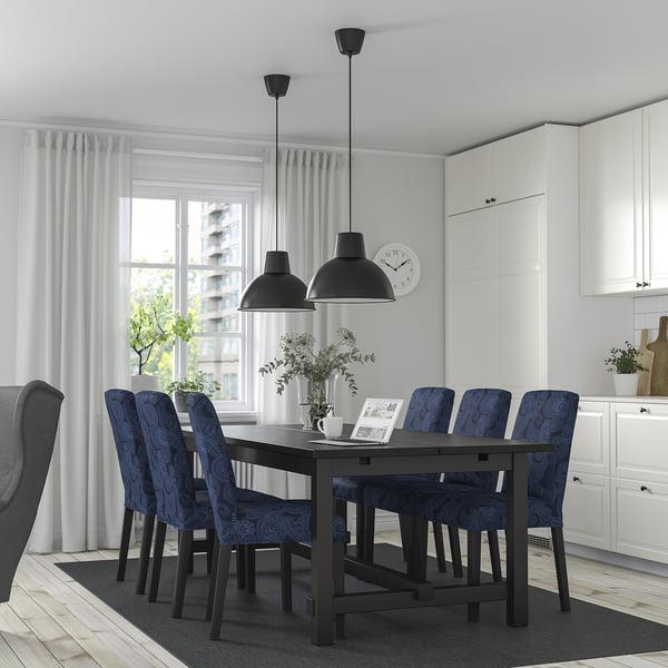 NORDVIKEN / BERGMUND Table and 6 chairs, black/Kvillsfors dark blue/blue black, 210/289 cm