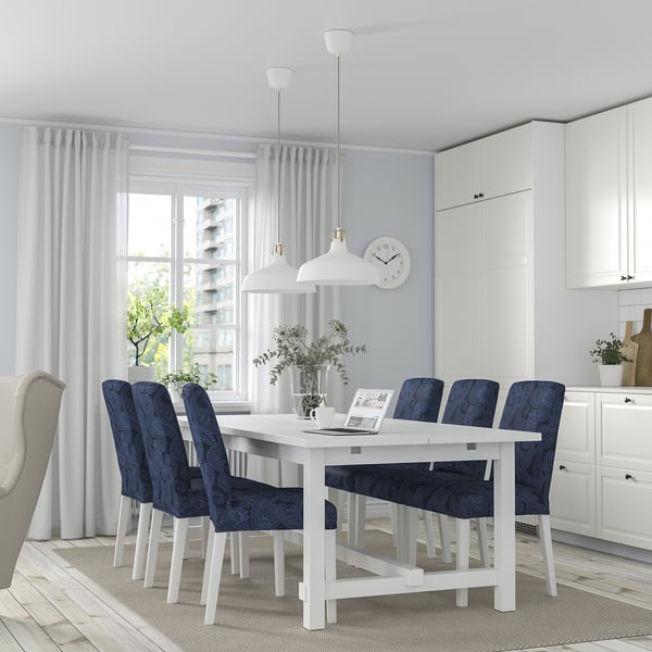 NORDVIKEN / BERGMUND Table and 6 chairs, white/Kvillsfors dark blue/blue white, 210/289 cm