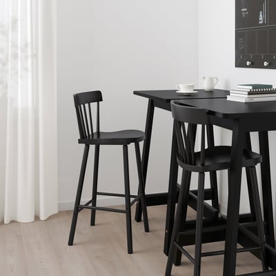 Black minimalist bar stools & table set, high, sleek, modern design, suitable for small spaces.
