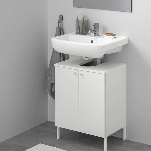 NYSJÖN / BJÖRKÅN Washbasin base w 2 doors, white/Pilkån tap