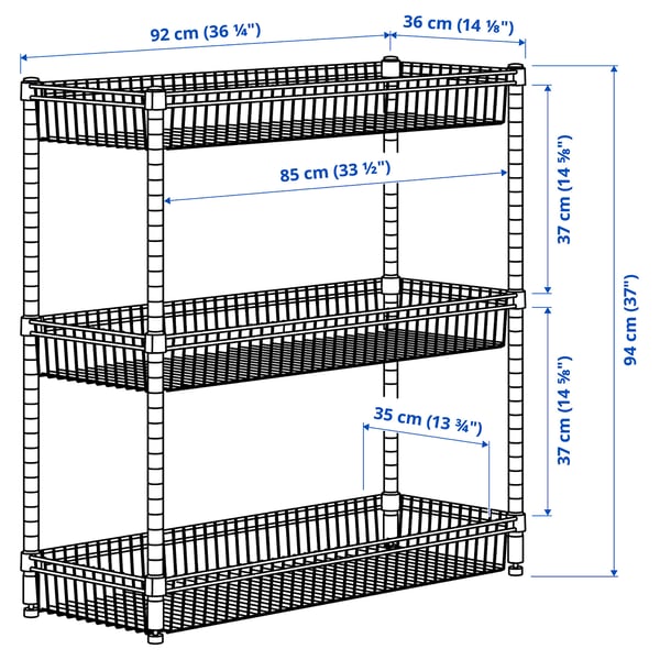 OLAUS Shelving unit with 3 baskets, galvanised, 92x36x94 cm