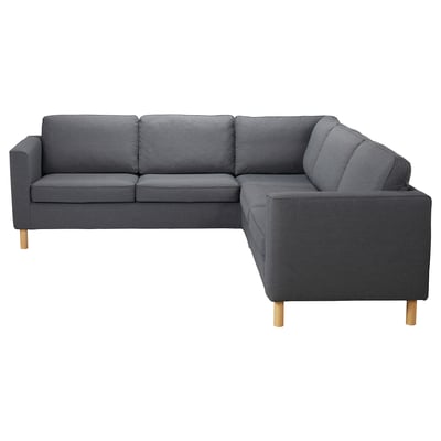 Modern grey l-shaped sofa, PÄRUP, with wooden legs, comfortable cushions, and removable washable cover.