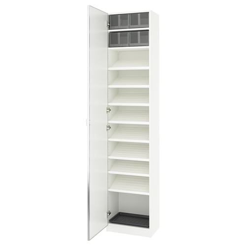 A white PAX wardrobe with mirrored doors and adjustable shelves.