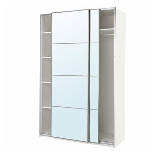 A white ikea PAX wardrobe with mirrored sliding doors and internal shelves.