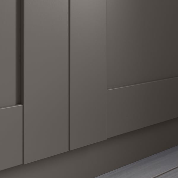 Grey PAX wardrobe section. Sleek, modern design with smooth panels and clean lines.