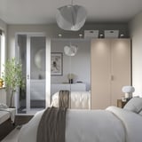 PAX / FARDAL/ÅHEIM Wardrobe combination, grey-beige high-gloss/light orange mirror glass, 200x60x201 cm