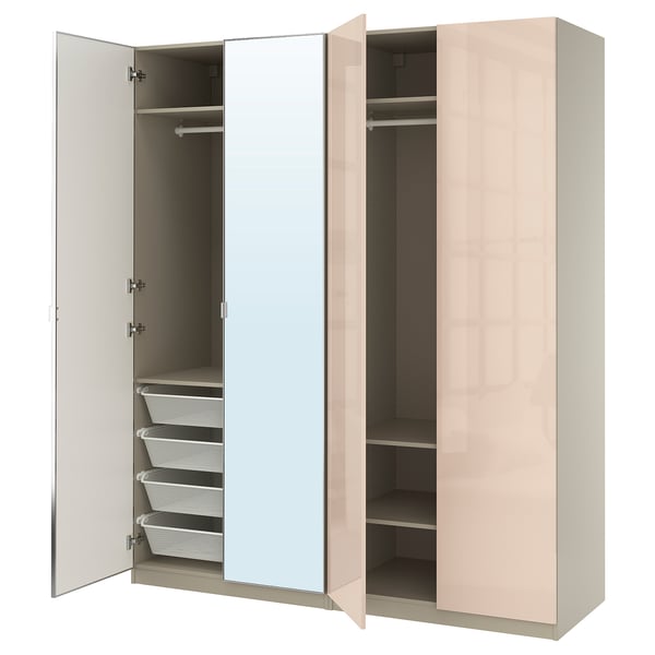 PAX / FARDAL/ÅHEIM Wardrobe combination, grey-beige high-gloss/light orange mirror glass, 200x60x236 cm