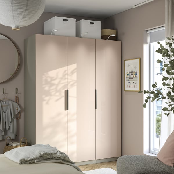 PAX / FARDAL Wardrobe combination, grey-beige/high-gloss light orange, 150x60x201 cm