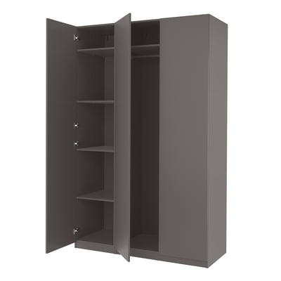 Modern grey PAX wardrobe with open doors, showcasing shelves and hanging rod, crafted from particleboard and fibreboard.