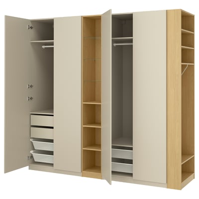 PAX / FORSAND Wardrobe combination, grey-beige grey-beige/oak effect, 255x60x236 cm