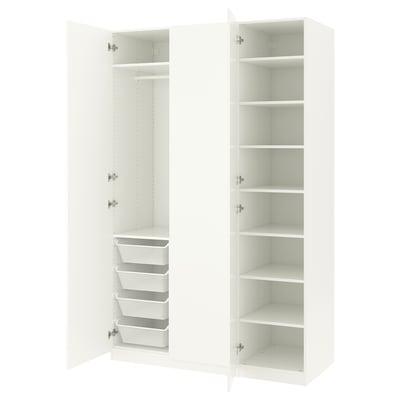 Depicts a pair of white ikea PAX wardrobes, one with open doors revealing shelves and baskets, the other closed.