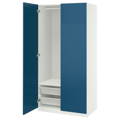 A white and blue wardrobe with mesh baskets, featuring a sleek design and soft-closing doors.